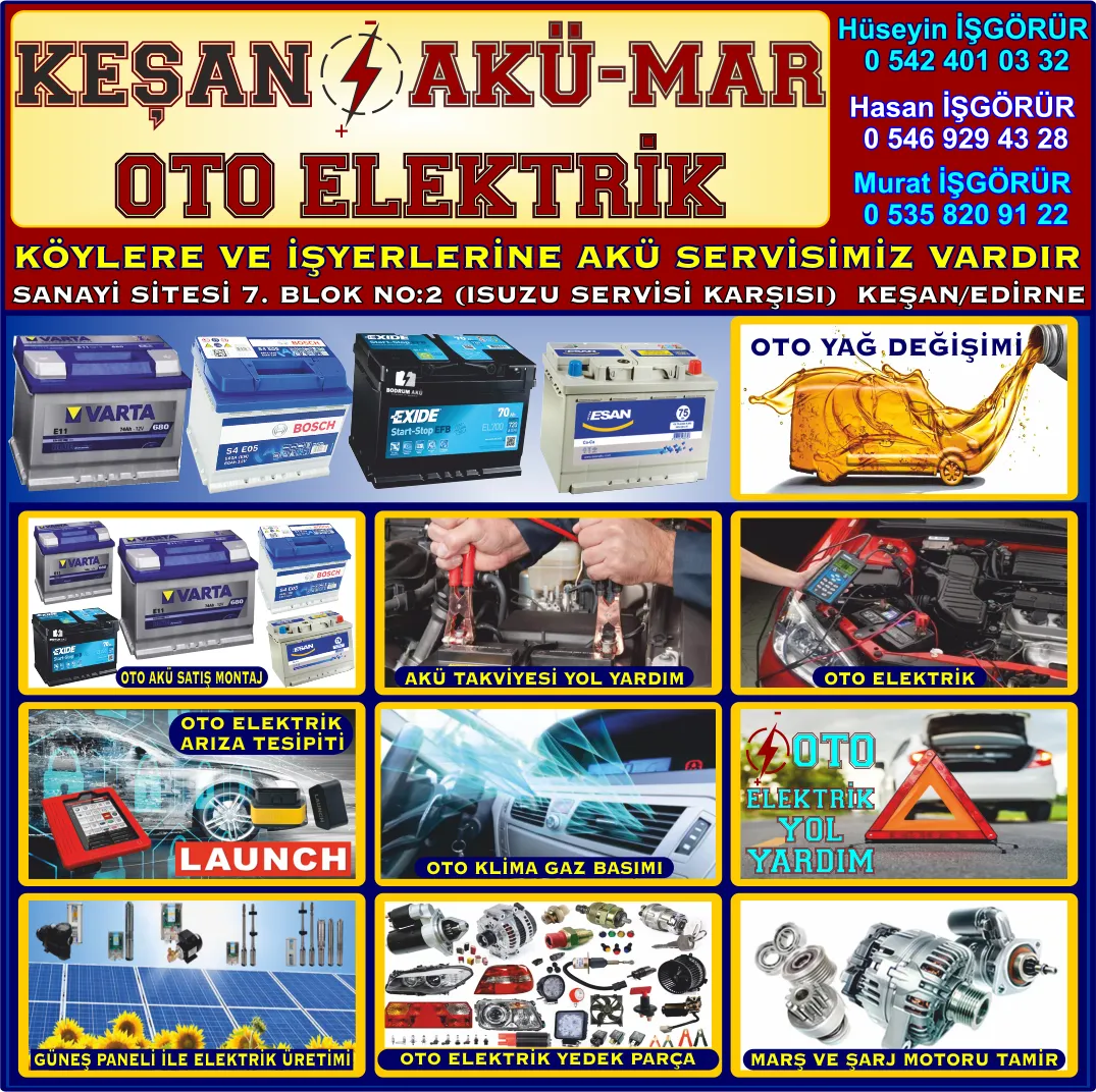 KEŞAN AKÜ MAR SATIŞ OTO YAĞ DEĞİŞİMİ OTO ELEKTRİK KLİMA GAZ BASIMI